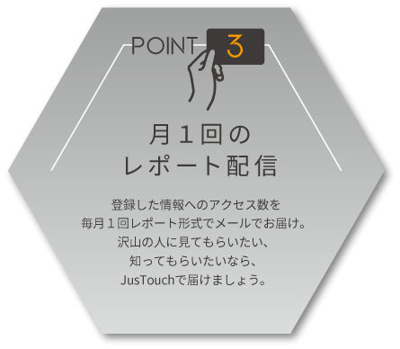月1回のレポート配信　登録した情報へのアクセス数を毎月１回レポート形式でメールでお届け。沢山の人に見てもらいたい、知ってもらいたいなら、JusTouch(ジャスタッチ)で届けましょう。